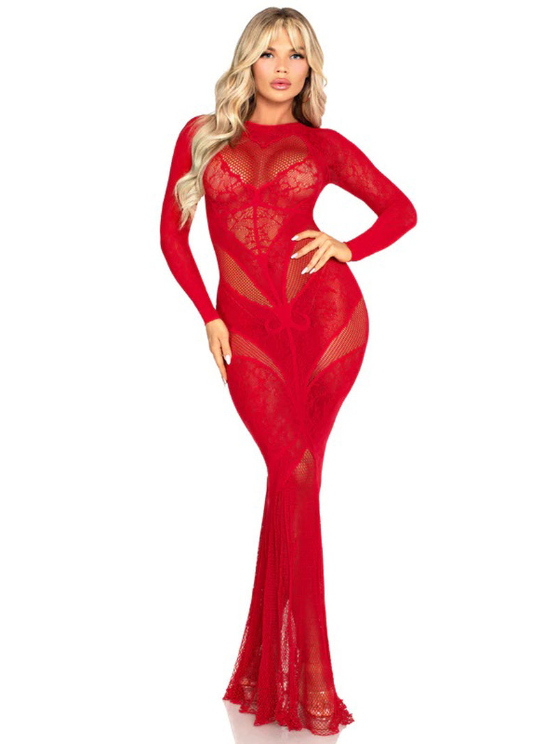 Leg Avenue Red Lace and Net Body Con Gown - With Heart Keyhole Detail - Os
