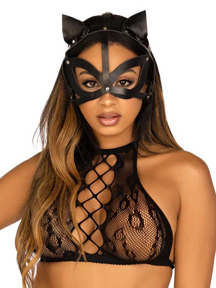 Leg Avenue Vegan Leather Studded Cat Mask - Black