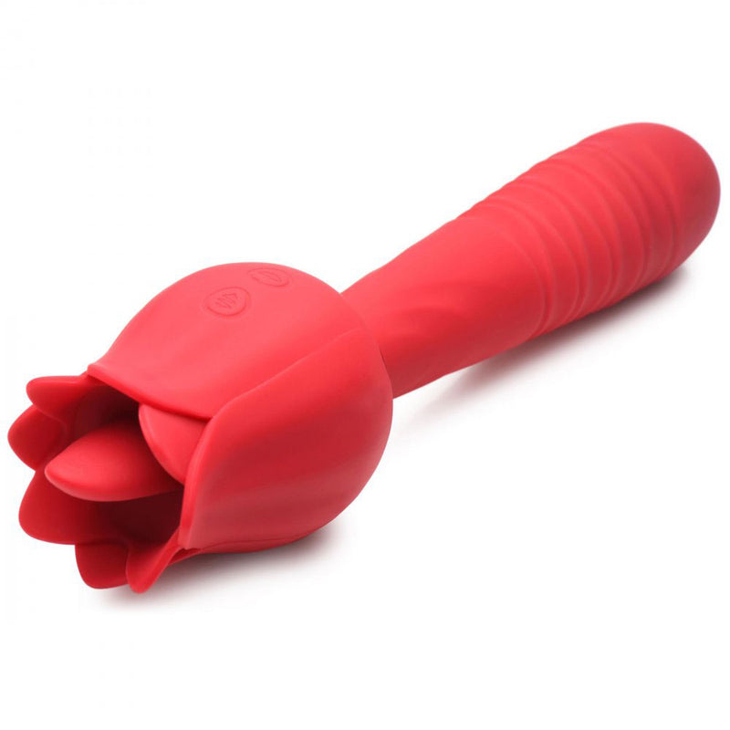 XR Brands Bloomgasm Racy Rose Thrust and Lick Vibrator - Red