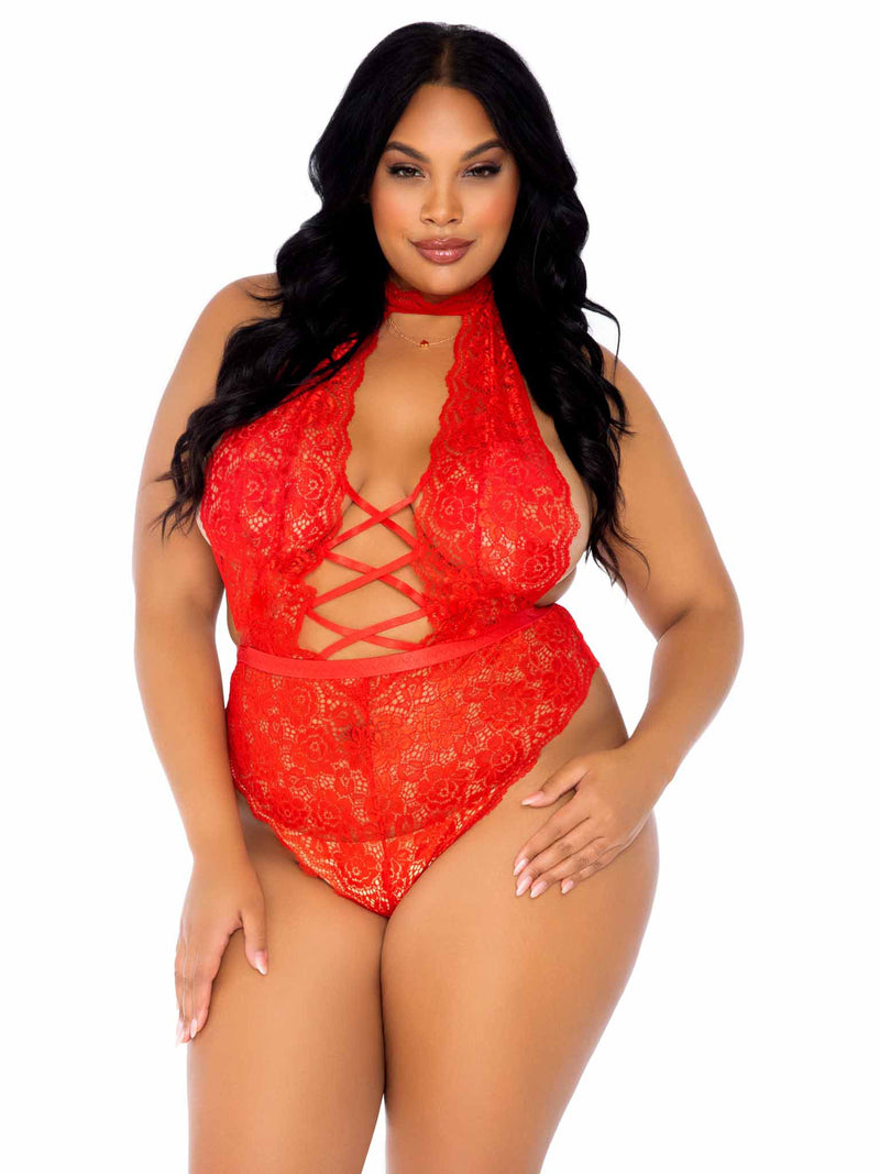 Leg Avenue Floral Lace Crotchless Teddy - 1x/2x - Red