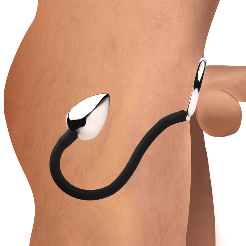 XR Brands Tug Plus Plug Cock and Ball Ring With Anal Plug - Black