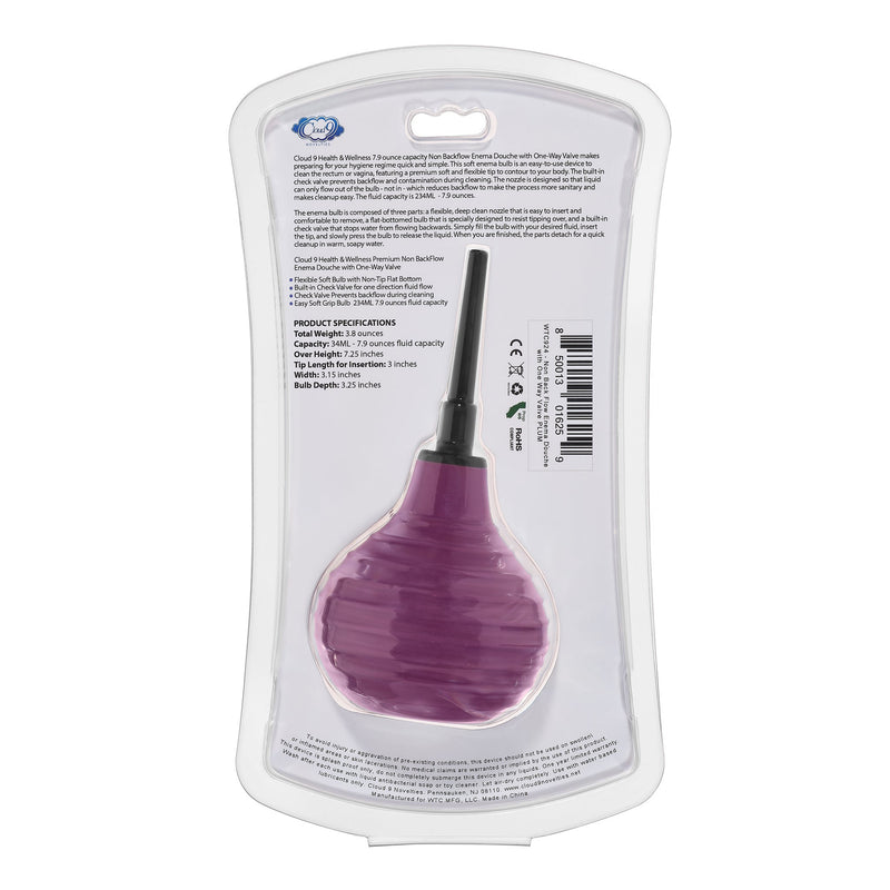 Cloud 9 Novelties Health and Wellness Deluxe Enema Douche Non- Backflow One-Way Valve - 7.9 Fl. Oz. - Plum