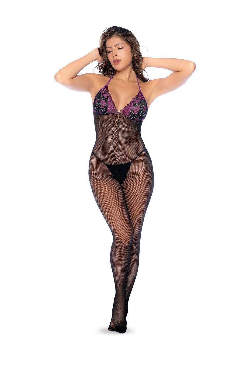 Mapale Whispered Lace Fishnet Bodystocking - Os - Black/purple