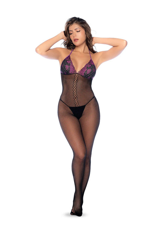 "Whispered Lace Fishnet Bodystocking - Os - Black/purple GE-1122BPOS"