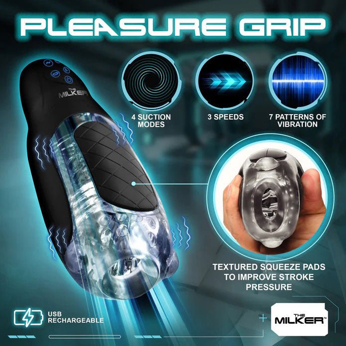 XR Brands Pleasure Grip Sucking and Vibrating Masturbator - Black - Automatic Stroker Masturbator - Canister Masturbation Cup