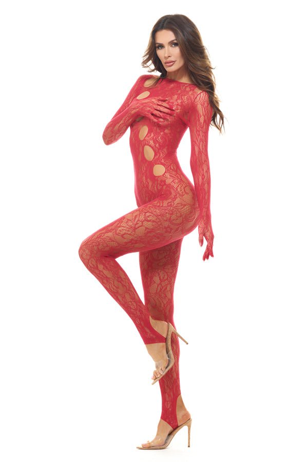 Rene Rofe Split Up Lace Bodystocking - Red - Os