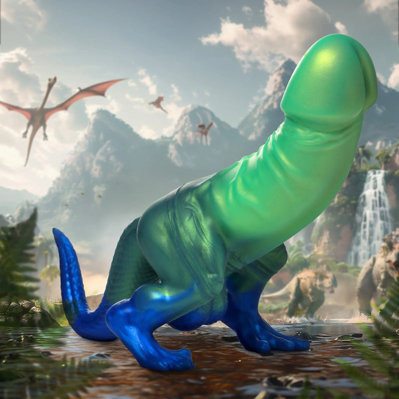 XR Brands Jurassic Cock Dinosaur Silicone Dildo - Green/blue