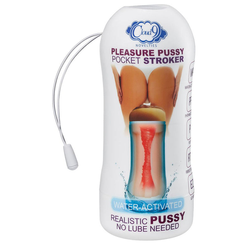 Cloud 9 Novelties Pleasure Pussy Pocket Stroker Water Activated - Tan - Stroker Masturbator - Realistic Pocket Pussy - Canister Masturbation Cup