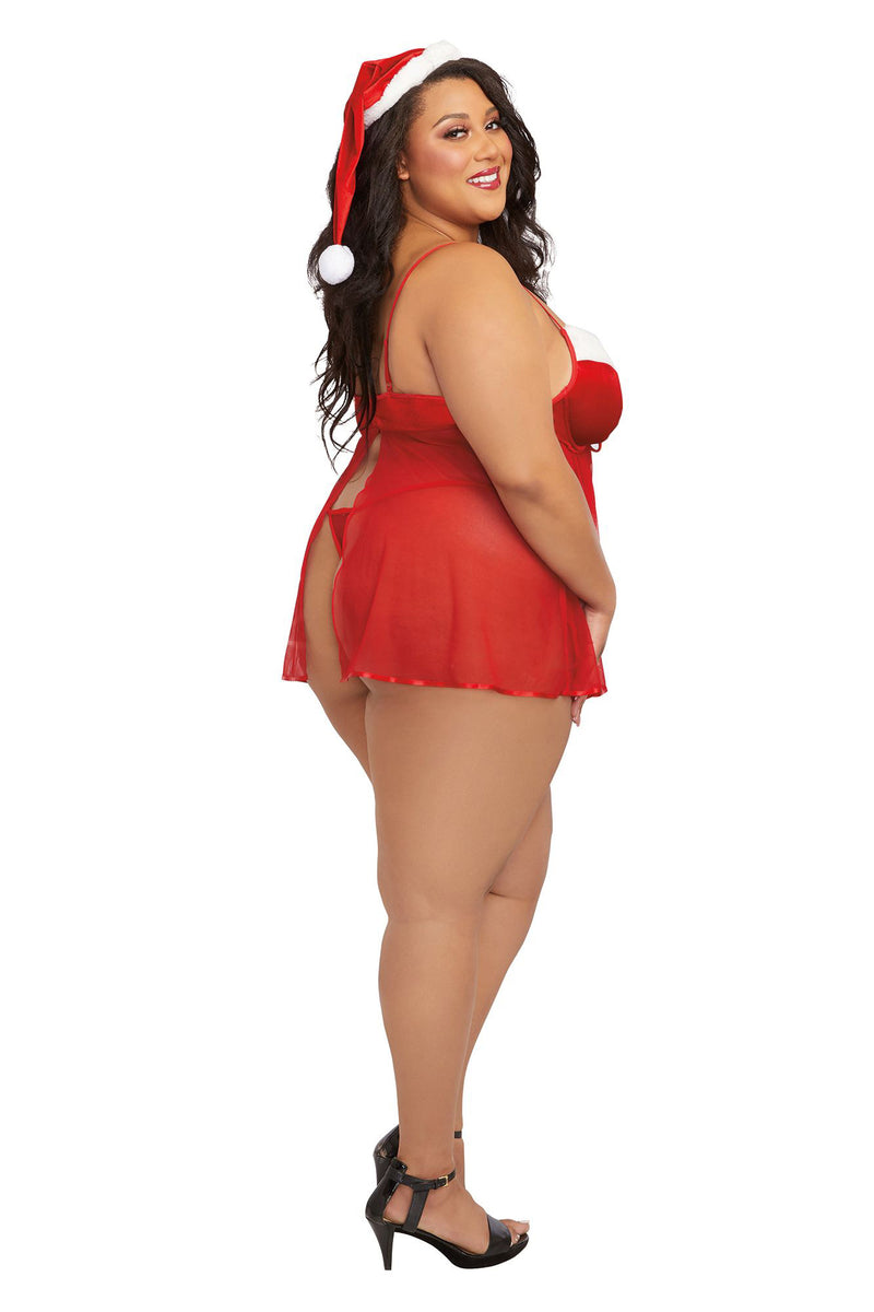 Dreamgirl Santa Babydoll, Thong and Hat - 1x - Lipstick Red