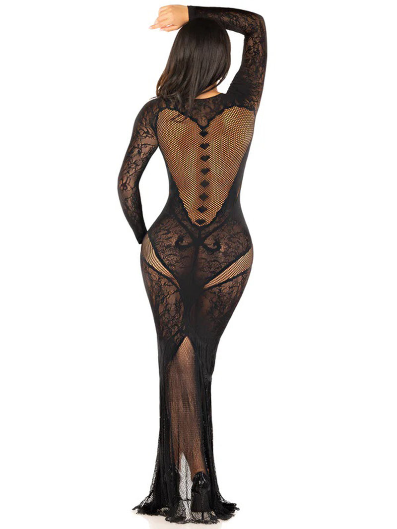 Leg Avenue Black Lace and Net Body Con Gown - With Heart Keyhole Detail - Os