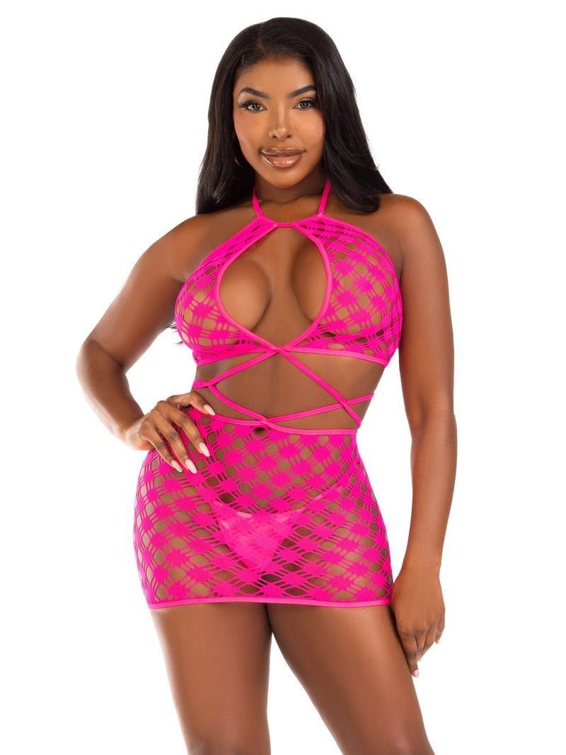 Leg Avenue Keyhole Halter Hardcore Net Mini Dress - One Size - Neon Pink