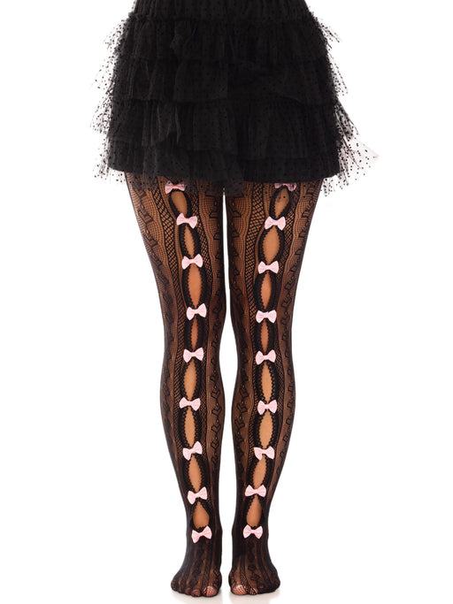 "Sweetheart Striped Net Tights With Keyhole and Mini Bow Detail - One Size - Black LA-9733BLKOS"