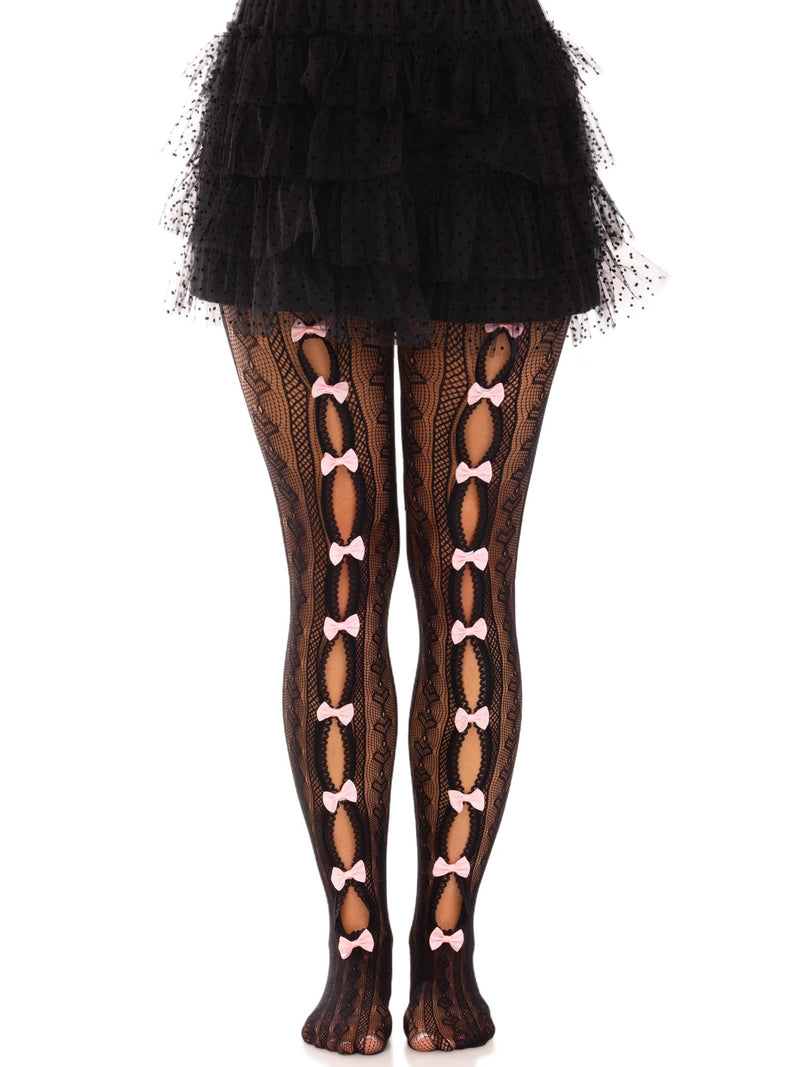 Leg Avenue Sweetheart Striped Net Tights With Keyhole and Mini Bow Detail - One Size - Black