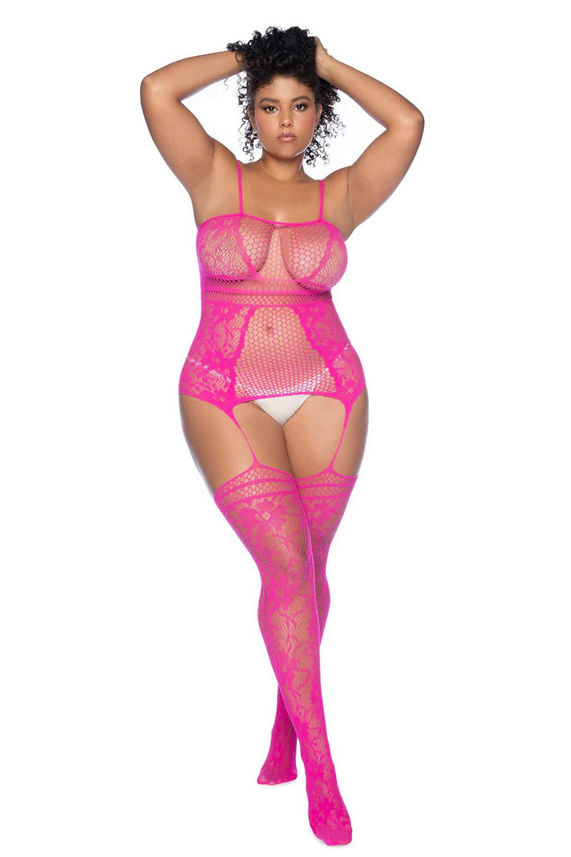 Mapale Curvy Aria Fishnet Body Stocking - X - Pink