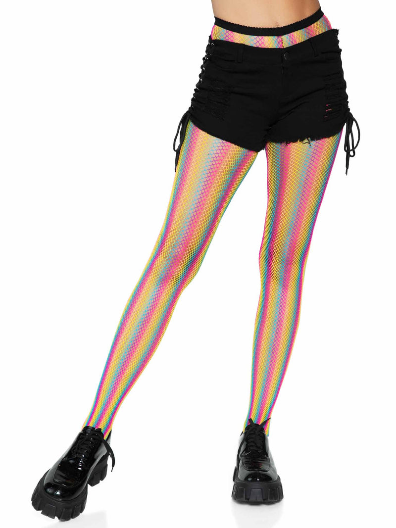 Leg Avenue Neon Rainbow Striped Fishnet Tights - One Size - Multicolor