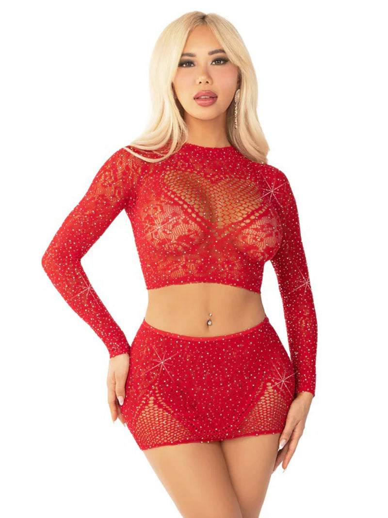 Leg Avenue Red 2pc Rhinestone Lace and Net Crop Top with - Heart Keyhole Mini Skirt - Os