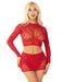 "Red 2pc Rhinestone Lace and Net Crop Top with - Heart Keyhole Mini Skirt - Os LA-81668REDOS"