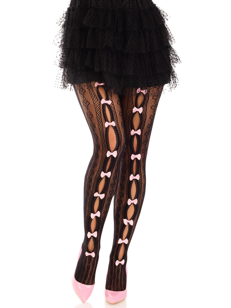 Leg Avenue Sweetheart Striped Net Tights With Keyhole and Mini Bow Detail - One Size - Black