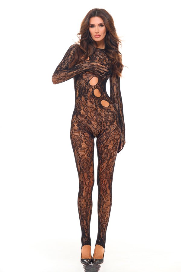 Rene Rofe Split Up Lace Bodystocking - Black - Os
