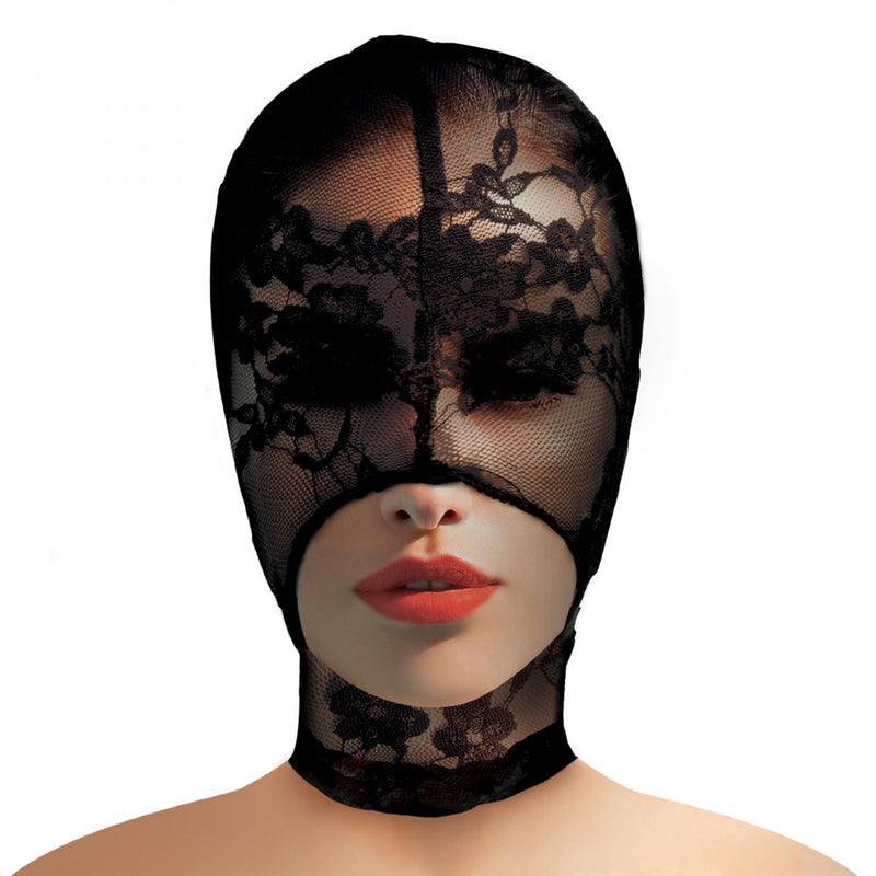 XR Brands Lace Seduction Lace Bondage Hood - Black