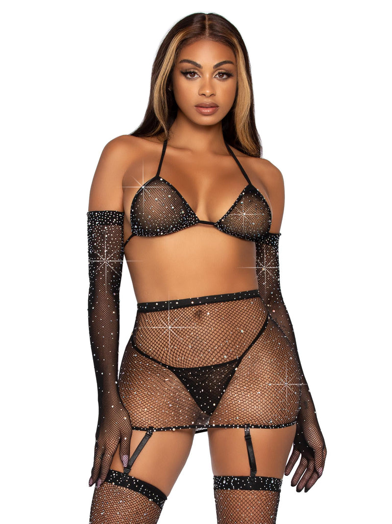 Leg Avenue 5 Pc Rhinestone Bikini Top G-String Garter Skirt, Gloves and Stockings - One Size - Black