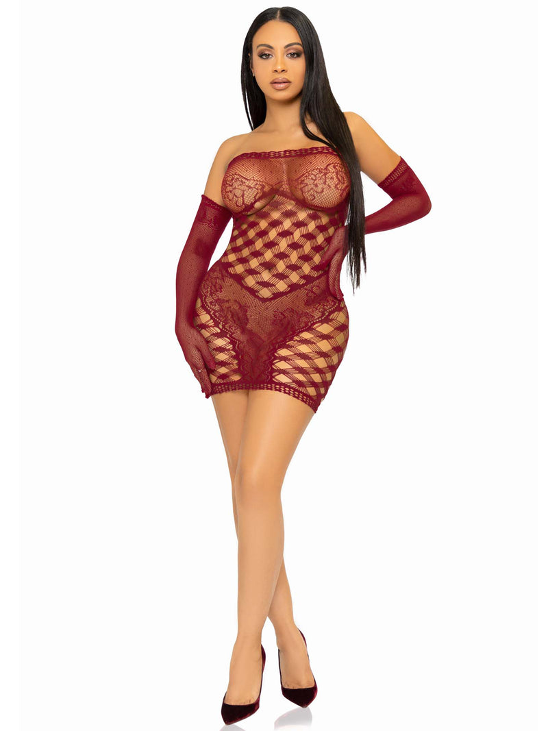 Leg Avenue 2 Pc Hardcore Net Tube Dress With Gloves - One Size - Burgundy