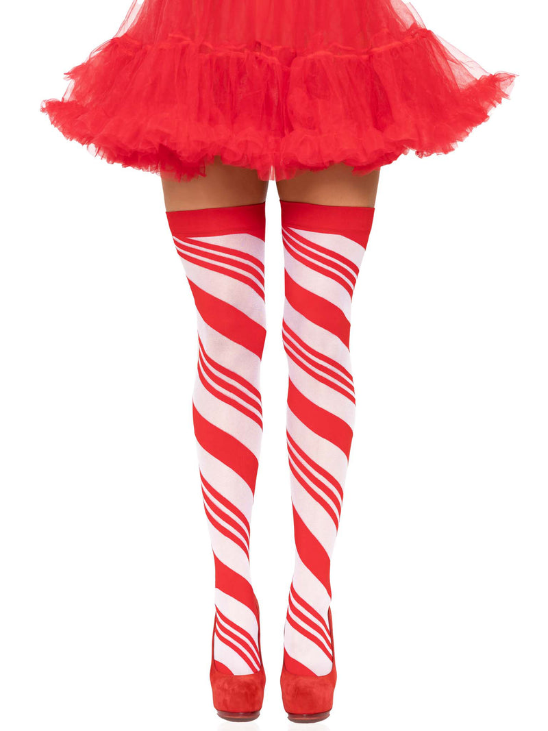 Leg Avenue Candy Cane Thigh High - One Size - White/red