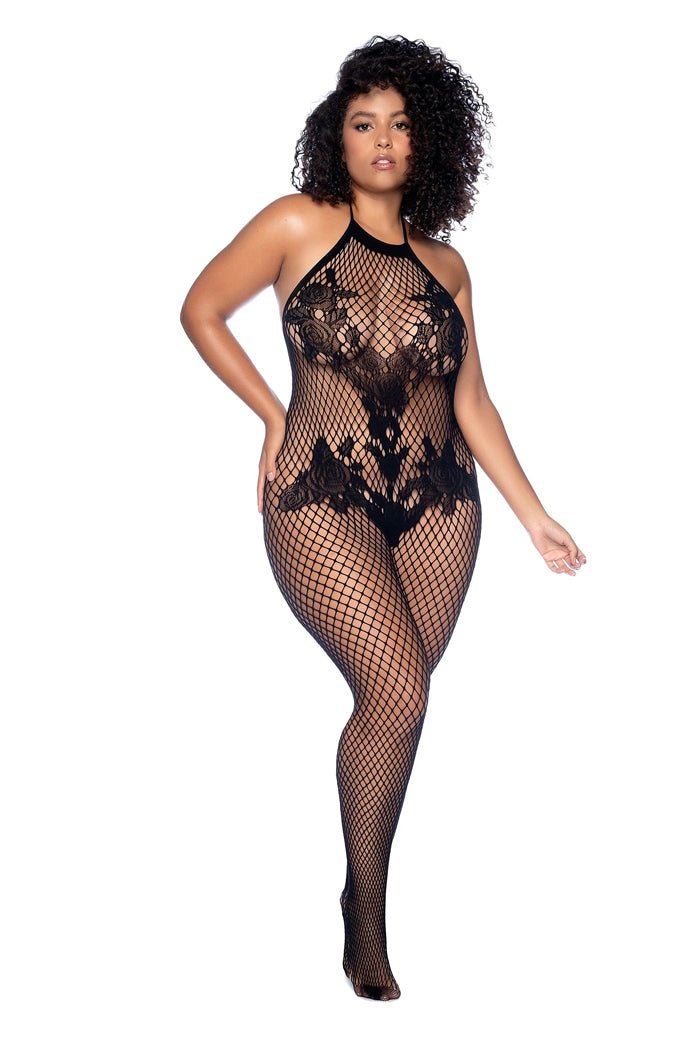 Mapale Vino Noir Floral Fishnet Bodystocking Plus - O/sx - Black