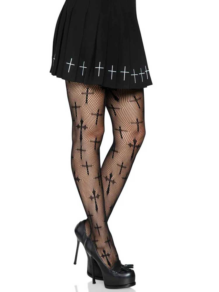 Leg Avenue Worship Me Cross Net Tights - 1x/2x - Black
