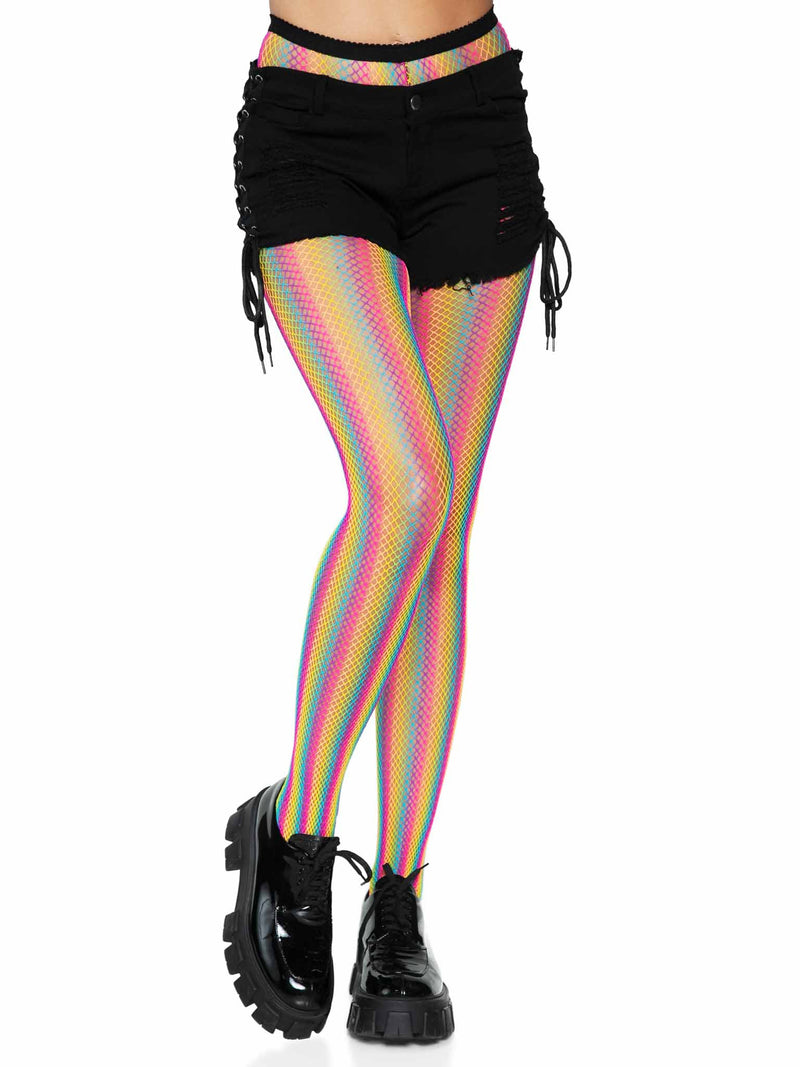 Leg Avenue Neon Rainbow Striped Fishnet Tights - One Size - Multicolor