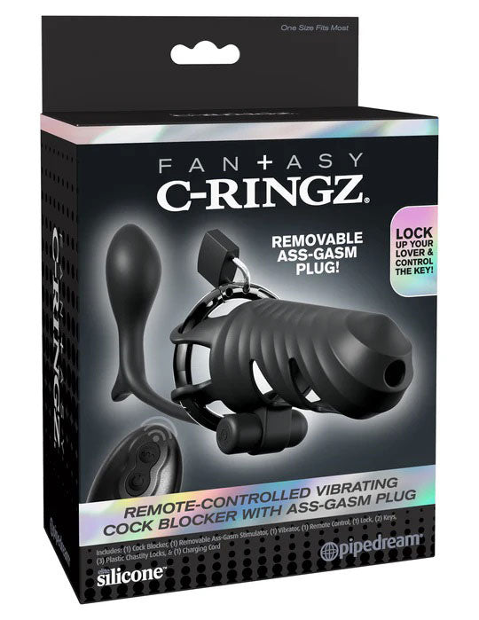 Pipedream Fantasy C-Ringz Remote-Controlled Vibrating Cock Blocker With Ass-Gasm Plug - Black