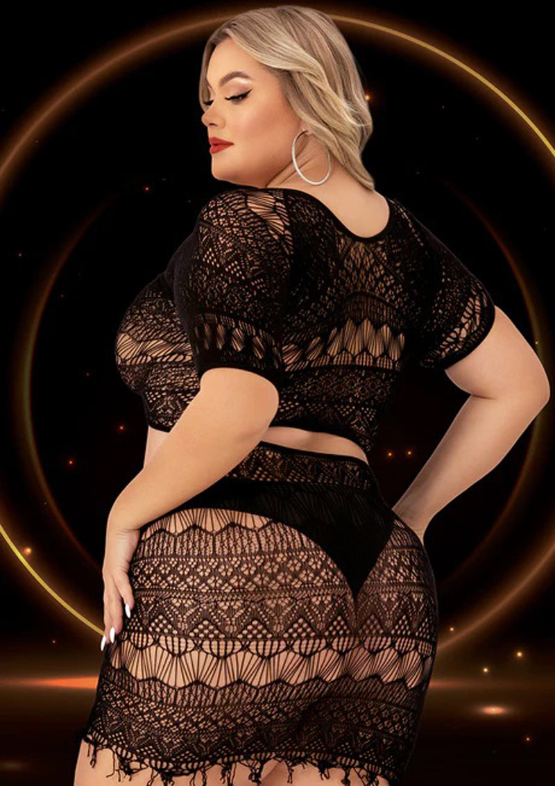 Lapdance 2 Piece Crop Top and Skirt Set - Queen Size - Black