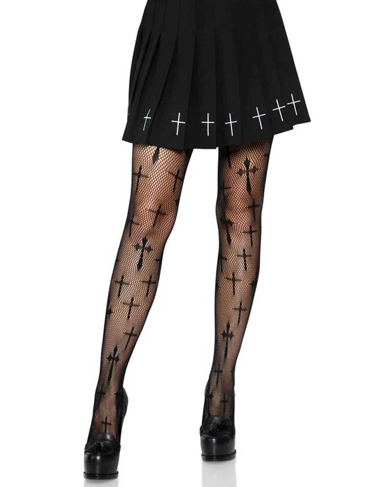 Leg Avenue Worship Me Cross Net Tights - 1x/2x - Black