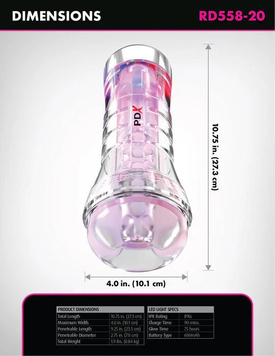 Pipedream PDX Elite Viewtube XXL Clear See-Thru EZ-Grip LED Stroker - Clear - Stroker Masturbator - Canister Masturbation Cup