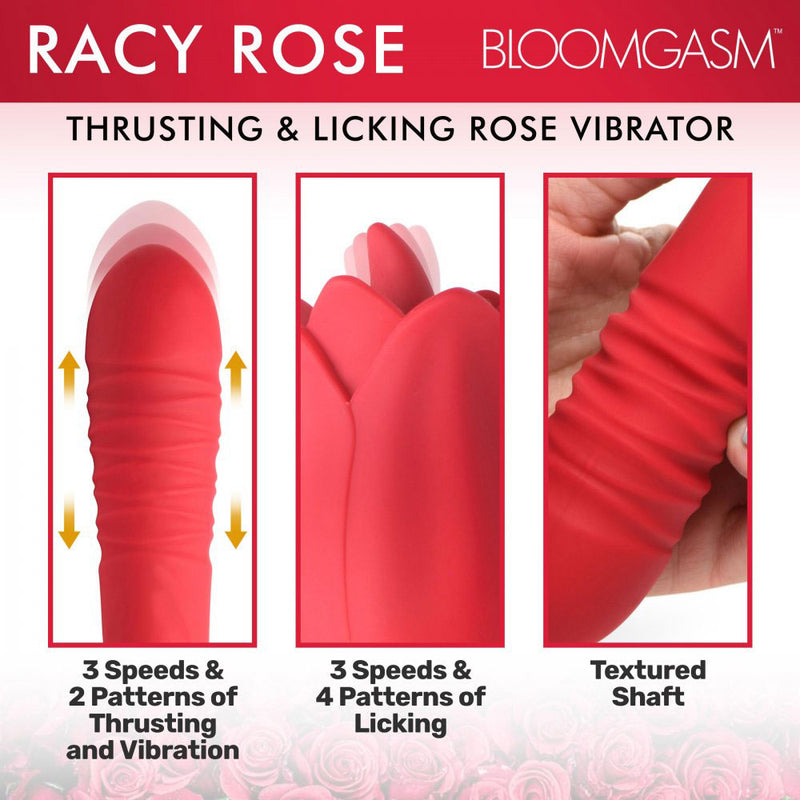 XR Brands Bloomgasm Racy Rose Thrust and Lick Vibrator - Red