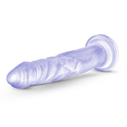 Clear realistic dildo with fine glitter inside with a slim tapered realistic head for easy insertion and subtle veins along the straight but flexible shaft. Suction cup base. Additional images show alternate angles.