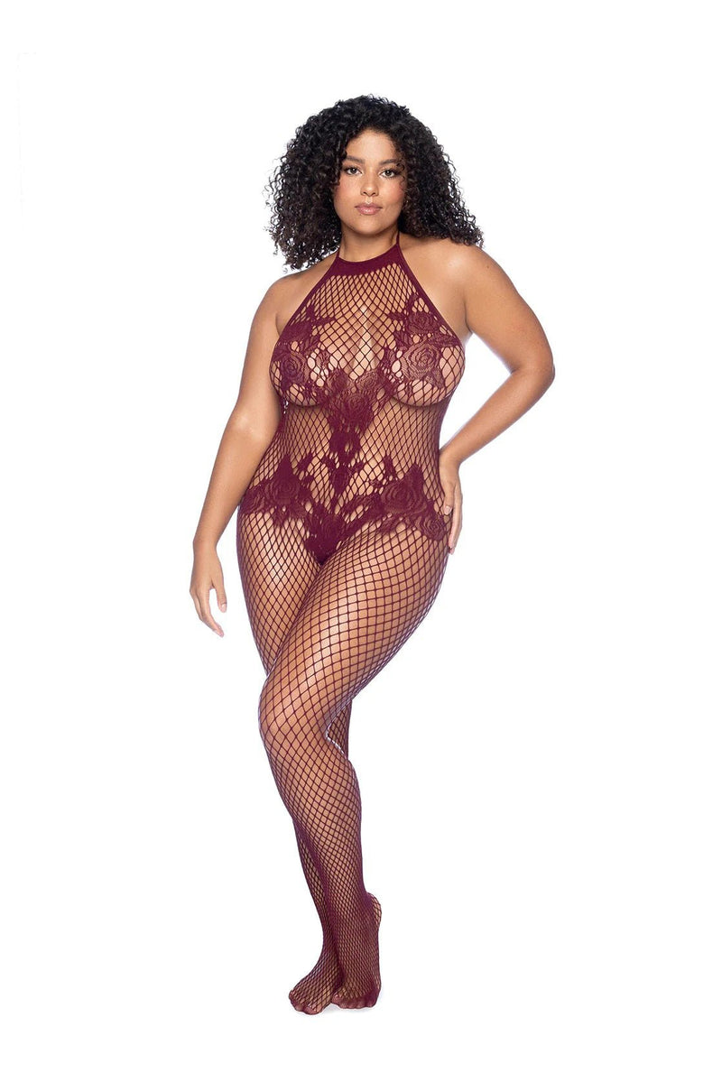 Mapale Vino Noir Floral Fishnet Bodystocking - X - Cherry