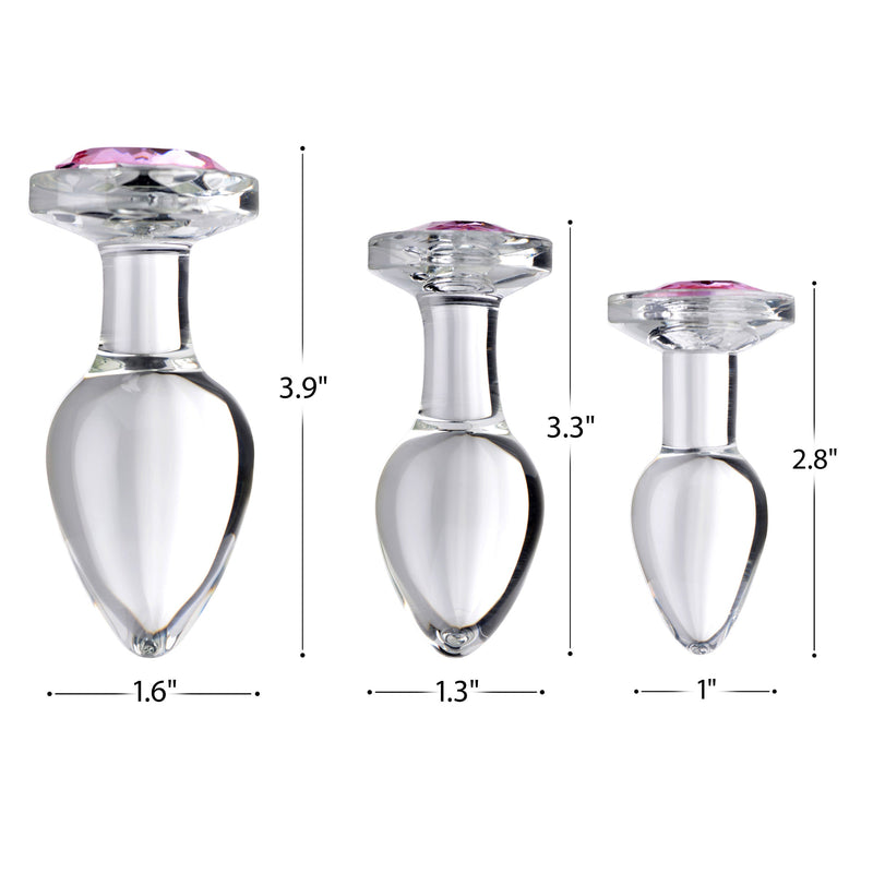 XR Brands Pink Gem Glass Anal Plug - Medium - 3 Piece Set