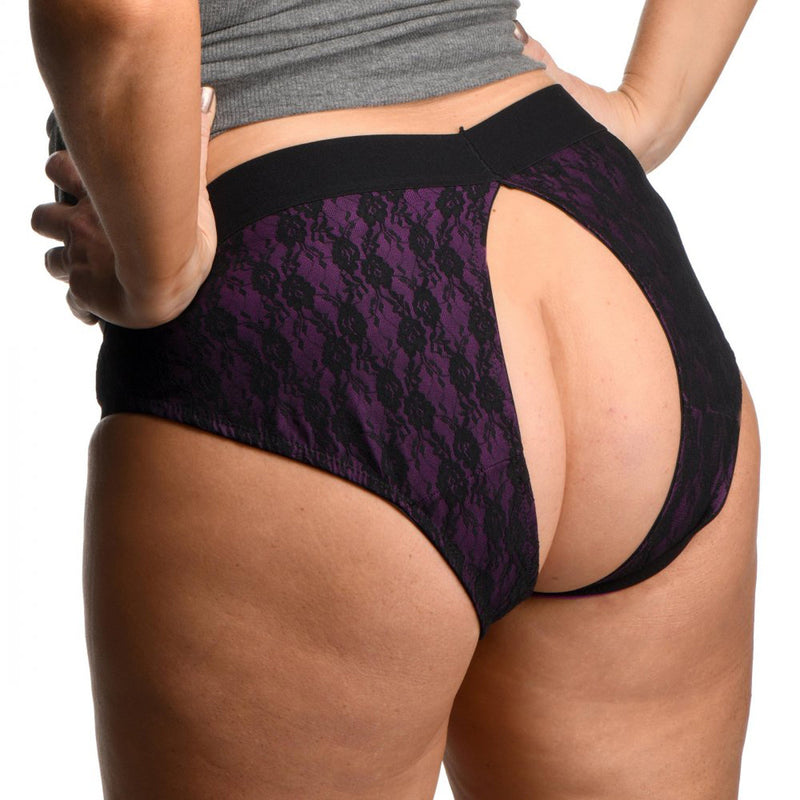 XR Brands Lace Envy Crotchless Panty Harness - S/ M Black and Purple