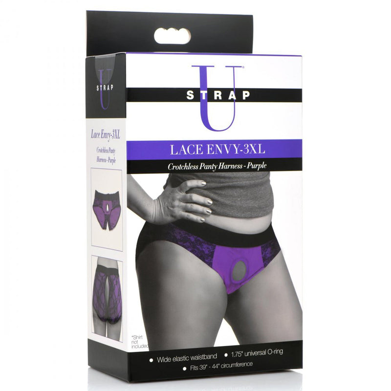 XR Brands Lace Envy Crotchless Panty Harness - S/ M Black and Purple