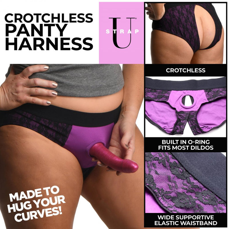 XR Brands Lace Envy Crotchless Panty Harness - S/ M Black and Purple
