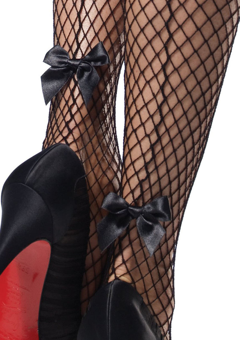 Leg Avenue Stay Up Industrial Net Backseam Thigh Highs With Lace Top and Satin Bow Accent - One Size - Black