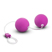 Two smooth, small, pink plastic Kegel balls connected by a pink cord with a loop at the bottom for easy retrieval. Additional images show alternate angles.