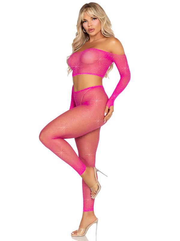 Leg Avenue Rhinestone Fishnet Crop Top and Footless Tights O/s - Neon Pink