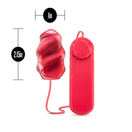 An egg shaped bullet with a soft, red sleeve that has a gentle swirl shape for texture. Bullet is connected to a red plastic controller by a thin red cable. Twist dial on controller adjusts intensity. Additional images show alternate angles.