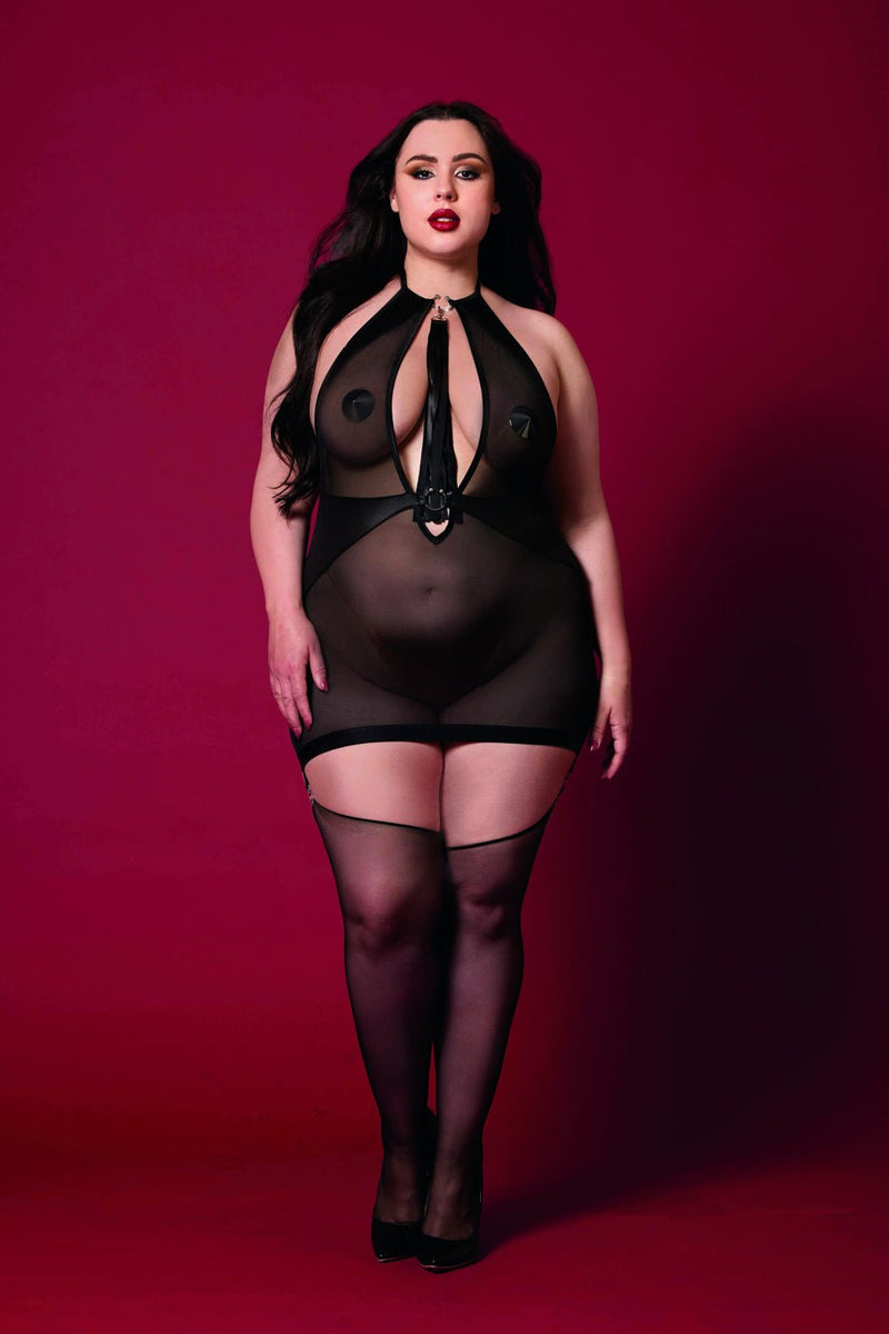 Dreamgirl Fetish Garter Slip and Flogger Dmnd - Queen Size - Black