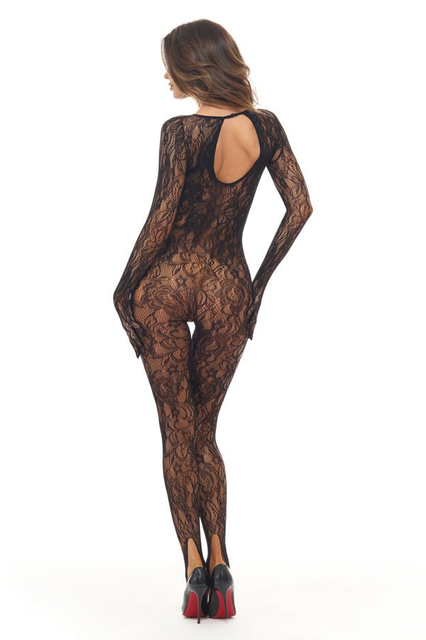Rene Rofe Split Up Lace Bodystocking - Black - Os