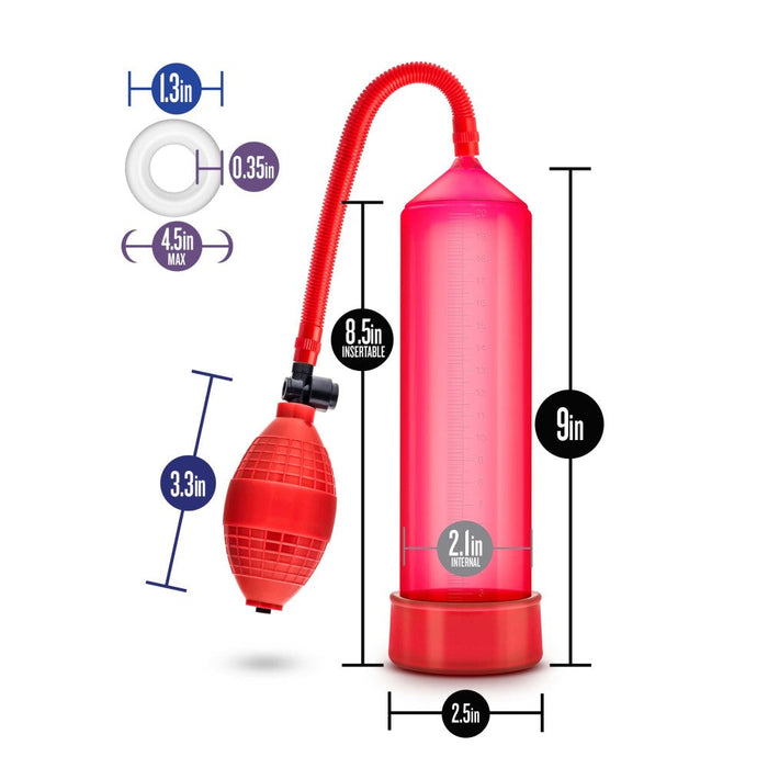 Red cylinder that connects to a squeezable ball pump by a red flexible hose. Includes red pump sleeve and stretchy cock ring.  Additional images show alternate angles.