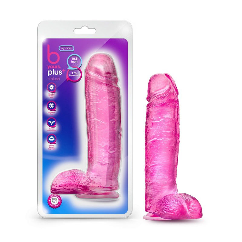 B Yours Plus Big Bulky Pink 10.5-Inch Long Dildo With Balls & Suction Cup Base