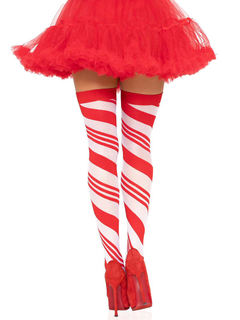 Leg Avenue Candy Cane Thigh High - One Size - White/red
